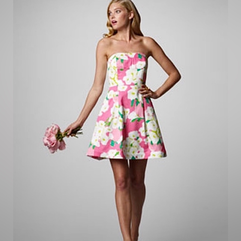 Lilly Pulitzer Strapless Floral 100% Cotton Colorful Mini Dress With Pockets